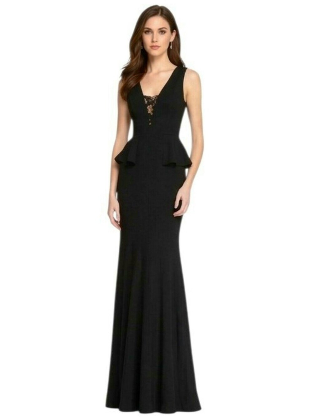 black peplum bridesmaid dress MNM Couture V07282 - Long A-Line Dress